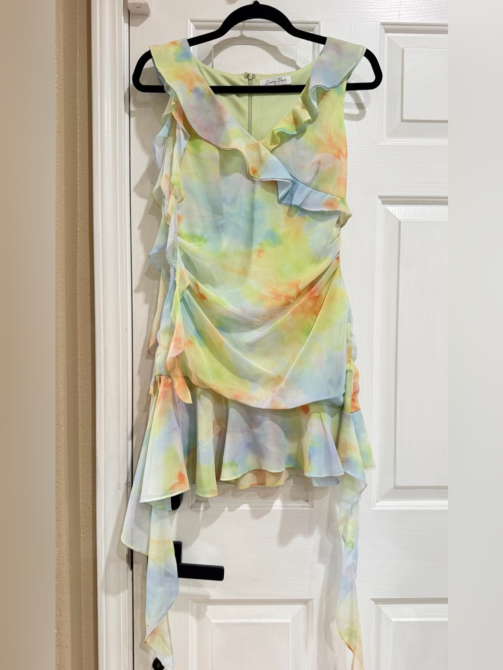 emory park Pastel Tie-Dye Ruffle Dress in Yellow, Blue, Peach